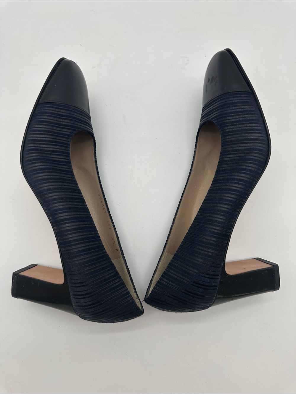 Salvatore Ferragamo Navy Striped Pumps with Black Cap Toe - Picture 7 of 10